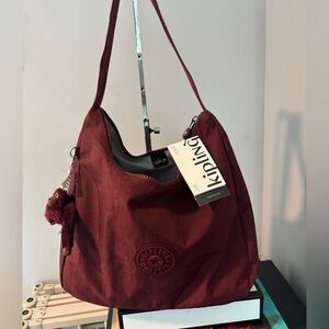 Kipling Isidora Shoulder Bag KI9290 Intense Maroon Monkey Keychain Cognac $109